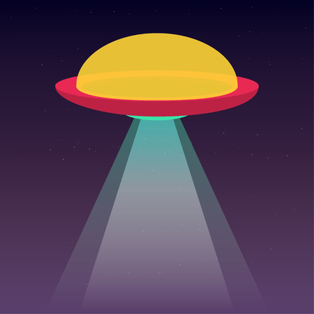 UFO, spaceship with light beam in space Stars on dark background.のイラスト素材