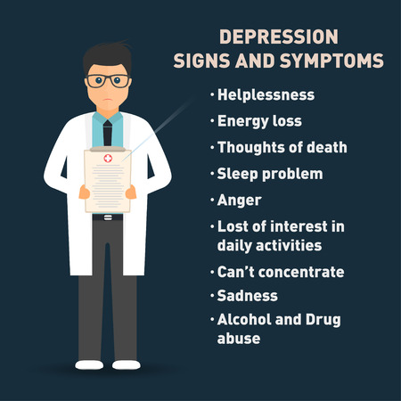 Depression signs and symptoms. Doctor with medical clipboard . Healthcare poster template. Vectorのイラスト素材