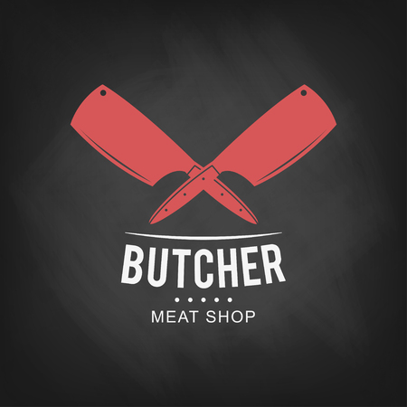 Butcher meat shop logo design. Retro butcher shop icon on chalkboard background.のイラスト素材