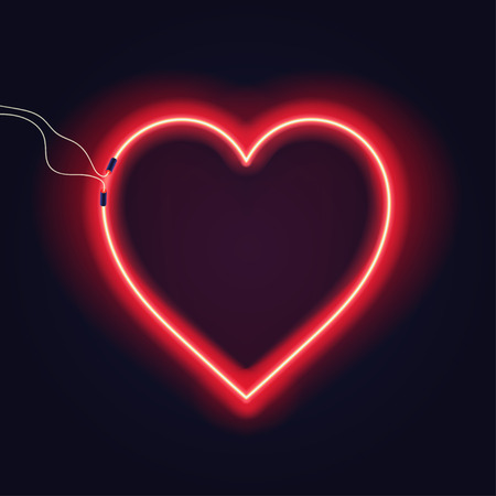 Neon heart sign with wires on dark background. Bright neon glow effect. Vectorのイラスト素材