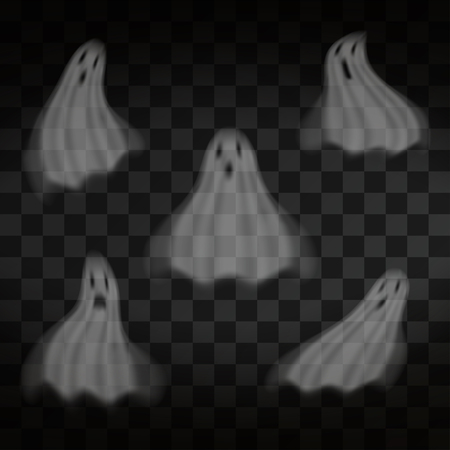 Halloween. Ghosts on transparent background. Flying scary transparent ghost characters. Vectorのイラスト素材