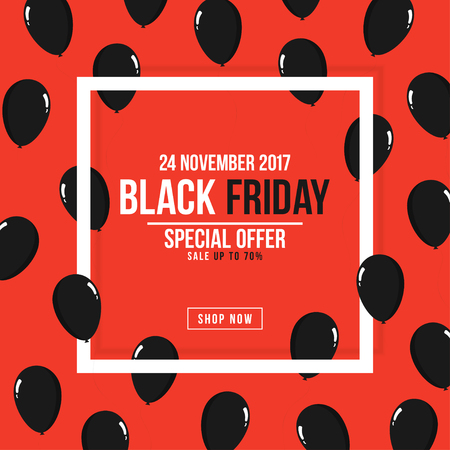Black Friday poster. Square white frame with black balloons for advertising. Black Friday sale, banner template. Vectorのイラスト素材