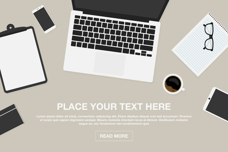 Workspace in top view. Business or freelance workplace design concept. Laptop and smartphone, cup of coffee, glasses with notebook and blank clipboard. Vectorのイラスト素材