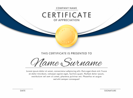 Certificate template in elegant black and blue colors with golden medal. Certificate of appreciation, award diploma design template. Vectorのイラスト素材