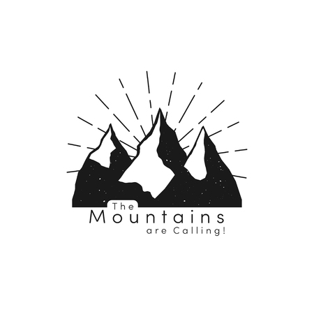 Mountain logo with snow ice tops and retro sun rays in hipster style. Mountain peaks, tourism concept, camping and hiking logo design. Vectorのイラスト素材