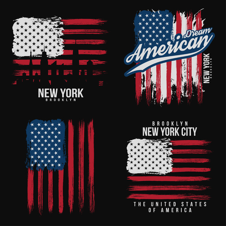 T-shirt graphic design with american flag and grunge texture. New York typography shirt design. Set of modern poster and t-shirt graphic design vector.のイラスト素材