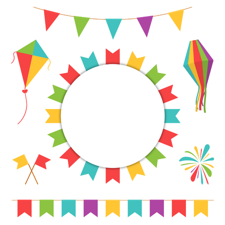 Garland with colorful flags. Carnival or festival flags with lantern, firework and flying kite. Decorative elements for festive decoration vector.のイラスト素材