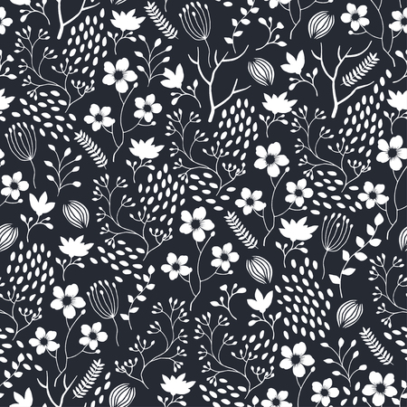 Seamless floral pattern with white flowers and garden elements. Beautiful seamless pattern for textile and fashion industry, t-shirt design, wrapping paper. Vectorのイラスト素材