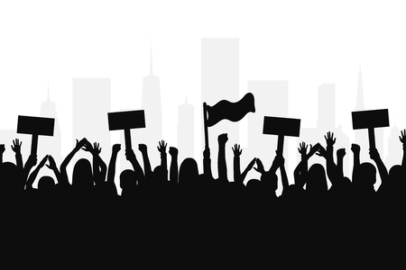 Crowd of protesters people. Silhouettes of people with banners and with raised up hands. Concept of revolution and political or social protest. Vectorのイラスト素材