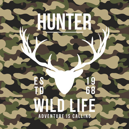 Hunting style t-shirt design with deer antlers on camouflage background. T-shirt graphic. Vectorのイラスト素材