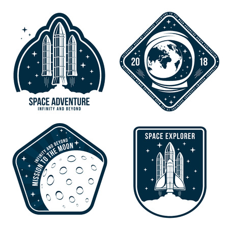 Space badges with astronaut helmet, rocket launch and moon. Set of vintage astronaut label or patch for embroidery in space concept. T-shirt graphic, emblem and logo design. Vectorのイラスト素材