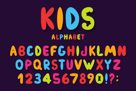 Children's font in cartoon style. Colorful bubble alphabet with numbers for toys and games. Playful hand drawn kids font. Vectorのイラスト素材