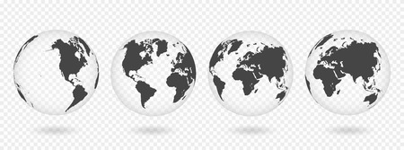 Set of transparent globes of Earth. Realistic world map in globe shape with transparent texture and shadow. Vectorのイラスト素材