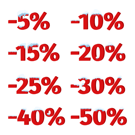 Set of labels, tags or badges for winter sale discount. Discount icons with snow caps, icicles and numbers from 5 to 50 percents. Vectorのイラスト素材