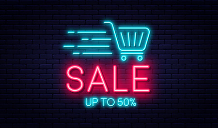 Sale neon sign, sale and discount concept. Bright and glowing neon sign for e-commerce, advertisement, banner, billboard. Shopping cart with text on brick wall background. Vectorのイラスト素材