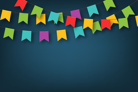 Carnival garland with pennants. Decorative colorful party flags for birthday celebration, festival and fair decoration. Festive background with hanging flags and pennantsのイラスト素材