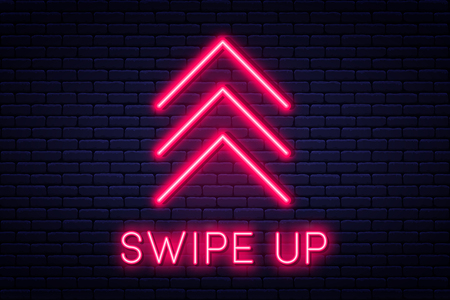 Swipe up, button for social media. Neon style arrow, button and web icon for advertising and marketing in social media application. Scroll or swipe upのイラスト素材