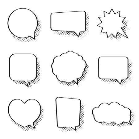 Set of comic speech bubbles. Vintage empty comic bubbles with halftone effect in pop art style. Dialog and discussion, thinking and talking clouds. Vectorのイラスト素材