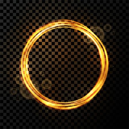 Vector light effect on transparent background. Golden transparent light with dynamic swirl in round shape. Glowing light ring or motion swirl with flying sparkling flash and particlesのイラスト素材