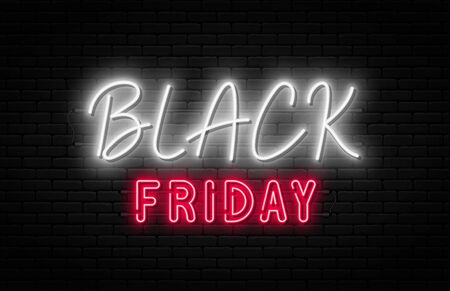 Black Friday sale. Black Friday neon sign on brick wall background. Glowing white and red neon text for advertising and promotion. Banner and background, brochure and flyer design concept. Vectorのイラスト素材