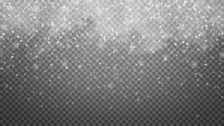 Falling snow on transparent background. Snowfall texture, snowflakes are falling down, transparent overlay effect. Realistic Christmas snow. Vectorのイラスト素材