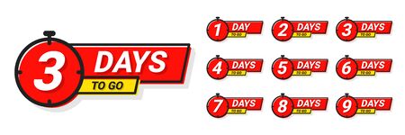 Countdown badges. Number of days left to go, from 1 to 9. Countdown left days, stylized counter in red and yellow colors. Vectorのイラスト素材