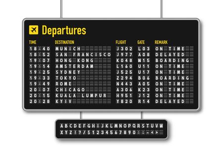 Departure and arrival board, airline scoreboard, mechanical split flap display. Flight information display system in airport. Airport style alphabet with numbers. Vectorのイラスト素材