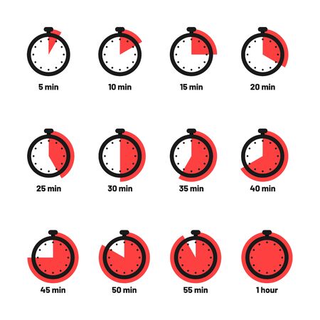 Set of timer and stopwatch icons. Kitchen timer icon with different minutes. Cooking time symbols and labels. Vectorのイラスト素材