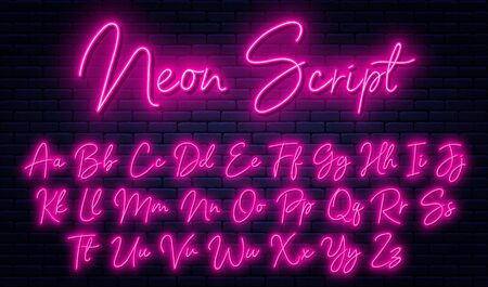 Glowing neon script alphabet. Neon font with uppercase and lowercase letters. Handwritten english alphabet with neon light effect. Vectorのイラスト素材