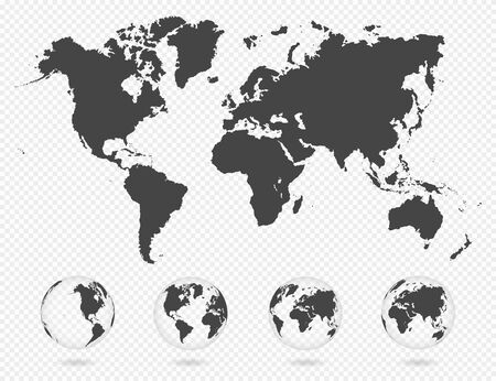 Set of transparent globes of Earth. World map template with continents. Realistic world map in globe shape with transparent texture and shadow. Abstract 3d globe icon. Vectorのイラスト素材