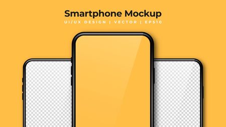Realistic phone mockup. Set of modern phones with blank yellow and transparent display. Smartphone design mockup in front view. Presentation background template. Vectorのイラスト素材