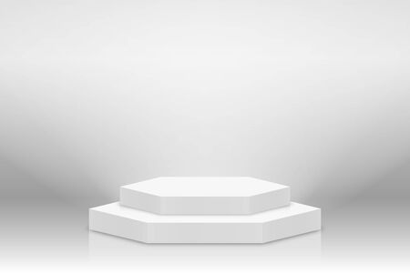 White 3d podium mockup in square shape. Empty stage or pedestal mockup illuminated with spotlight. Podium or platform for award ceremony and product presentation. Vectorのイラスト素材