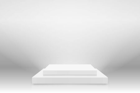 White 3d podium mockup in square shape. Empty stage or pedestal mockup illuminated with spotlight. Podium or platform for award ceremony and product presentation. Vectorのイラスト素材