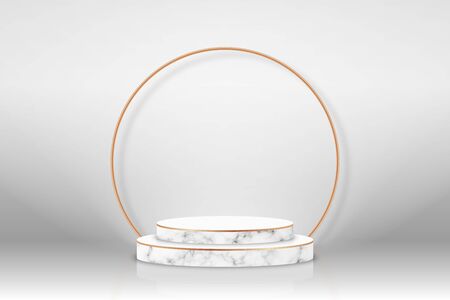 White 3d podium with marble texture and golden elements. Empty stage or pedestal mockup illuminated with spotlight. Podium or platform for award ceremony and product presentation. Vectorのイラスト素材
