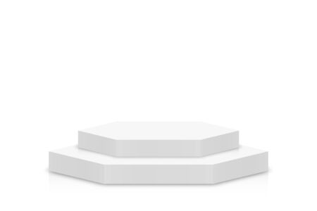 White 3d podium mockup in hexagon shape. Empty stage or pedestal mockup isolated on white background. Podium or platform for award ceremony and product presentation. Vectorのイラスト素材