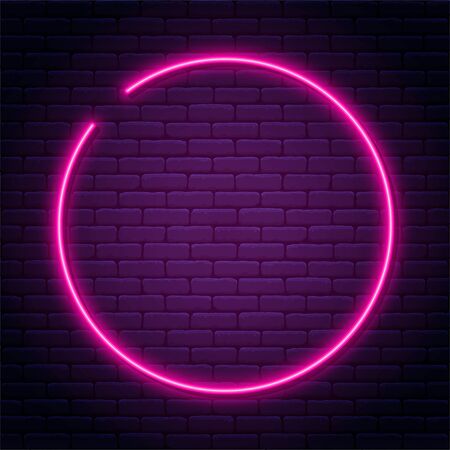 Neon sign in circle shape. Bright neon light, illuminated round frame. Glowing purple neon tube on dark background. Signboard or banner template in 80s and 90s style. Vectorのイラスト素材