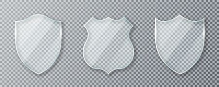 Glass shield. Set of transparent glass shields and acrylic panels. Conceptual symbol of protection, safety, security and guarding. Transparent glass shields isolated on background. Vectorのイラスト素材