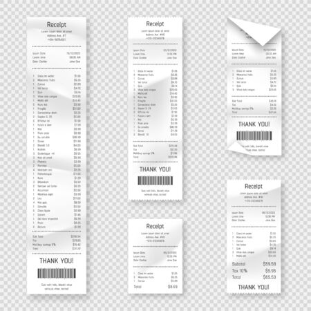 Set of paper receipts isolated on background. Realistic paper receipt, check and payment bill printed on rolled and curved thermal paper. Vector receipt and purchase billのイラスト素材