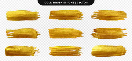 Golden paint brush stroke. Set of gold paint smear with glittering texture. Realistic gold brush stroke with metallic effect. Vectorのイラスト素材