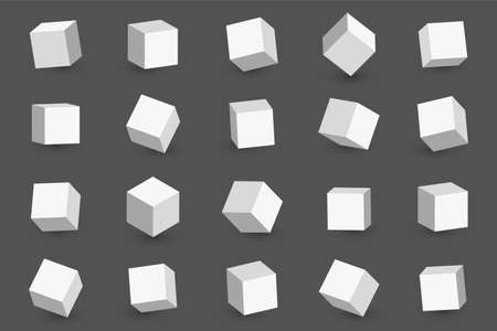 3d cubes in different perspective, angles and isometric view. White cubes or blocks with shadow isolated on background. Vectorのイラスト素材