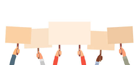 Protest, picket and peaceful demonstration. People hold in hands posters and banners. Raised up hands holding blank banner and placard. Protest and strike background. Vectorのイラスト素材