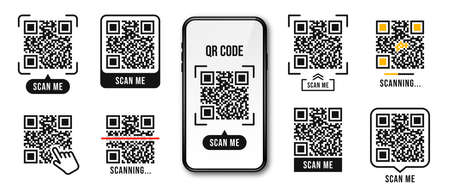 QR code, Quick Response code. QR code templates frames. Scan me, scanning tags of QR code. Set of...