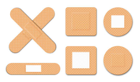 First aid, medical bandage or patch. Adhesive plaster for damaged skin and wound. Set of different medical patches for first aid. Realistic medical bandages in different shapes. Vectorのイラスト素材