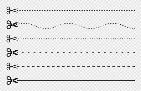 Cut lines and dashed lines, scissors icon. Cut line guide for coupon, tag and discount voucher. Black scissors with dotted line, paper cut guide. Vectorのイラスト素材