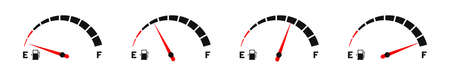 Fuel gauge. Set of fuel gauge indicators. Scale with arrow, empty and high level of fuel. Gas tank gauge icon. Vectorのイラスト素材
