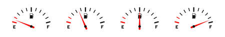 Fuel gauge. Set of fuel gauge indicators. Scale with arrow, empty and high level of fuel. Gas tank gauge icon. Vectorのイラスト素材