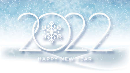 Happy New Year 2022 and Christmas background. Blue winter sky with falling snow and huge snowdrifts. Winter landscape, holiday scene with falling snowflakes. Christmas and New Year decoration. Vectorのイラスト素材
