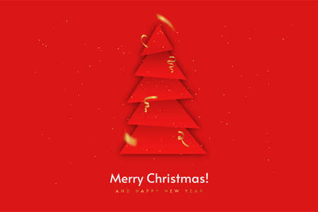 Merry Christmas and Happy New Year. Christmas background template with stylized Christmas tree in paper cut style. Golden confetti and glitter on red background. Vectorのイラスト素材