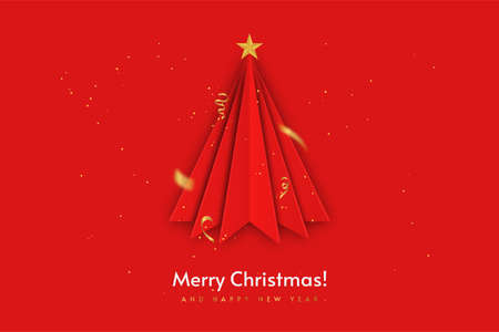 Merry Christmas and Happy New Year. Christmas background template with stylized Christmas tree in paper cut style. Golden confetti and glitter on red background. Vectorのイラスト素材