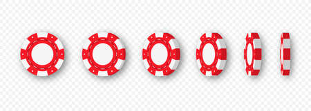 Gambling casino chips. Casino token 3d animation. Spinning poker chips and coins isolated on transparent background. Collection of red casino chips for gambling, poker, roulette. Vectorのイラスト素材